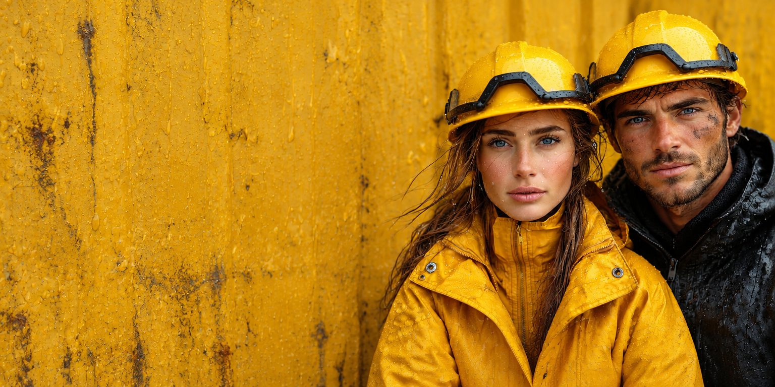 Due professionisti in abbigliamento da lavoro giallo davanti a una parete gialla